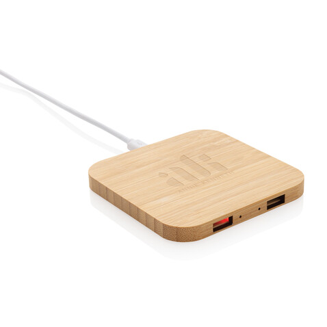 10W Wireless-Charger mit USB aus Bambus braun bedrucken, Art.-Nr. P308.379