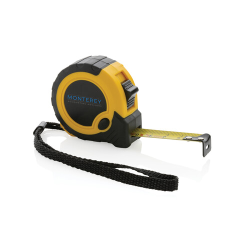3m/16mm Maßband mit Stop-Taste aus RCS recycelt. Kunststoff gelb, schwarz bedrucken, Art.-Nr. P112.126