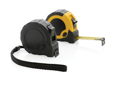 3m/16mm Maßband mit Stop-Taste aus RCS recycelt. Kunststoff gelb, schwarz bedrucken, Art.-Nr. P112.126