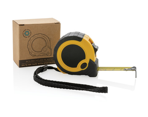 3m/16mm Maßband mit Stop-Taste aus RCS recycelt. Kunststoff gelb, schwarz bedrucken, Art.-Nr. P112.126
