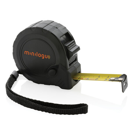 5m/19mm Maßband mit Stop-Taste aus RCS recycelt. Kunststoff schwarz bedrucken, Art.-Nr. P112.131
