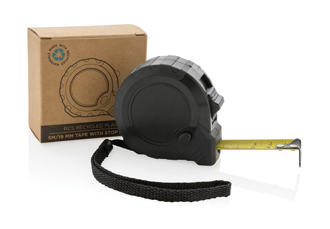 5m/19mm Maßband mit Stop-Taste aus RCS recycelt. Kunststoff schwarz bedrucken, Art.-Nr. P112.131