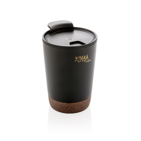 GRS rPP Edelstahl-Kaffeebecher mit Kork schwarz bedrucken, Art.-Nr. P435.071