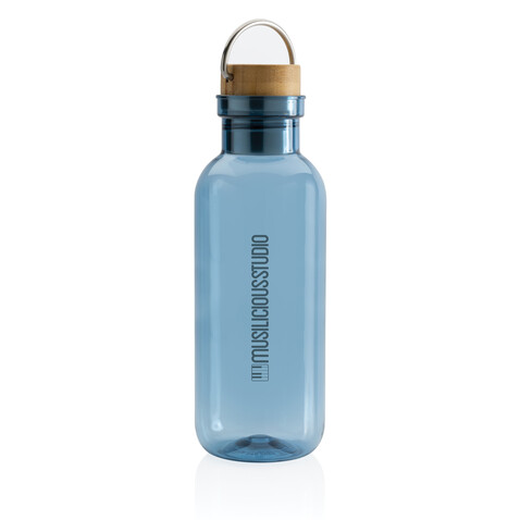 RCS rPET Flasche with Bambusdeckel und Griff blau bedrucken, Art.-Nr. P433.265