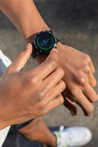 Runde Fit Watch aus RCS recyceltem TPU schwarz bedrucken, Art.-Nr. P330.831