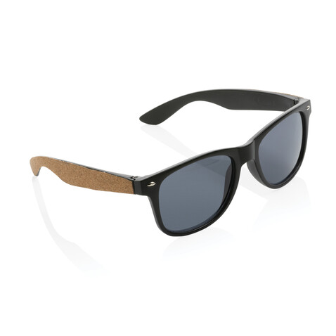 Sonnenbrille aus GRS recyceltem PC-Kunststoff mit Kork schwarz bedrucken, Art.-Nr. P453.881
