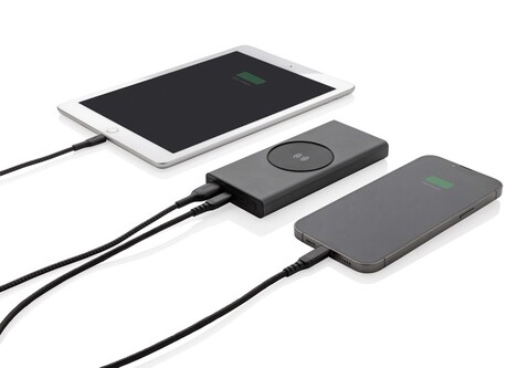 Terra 10.000mAh 18W Powerbank aus RCS Alu, 10W Wireless grau bedrucken, Art.-Nr. P322.652