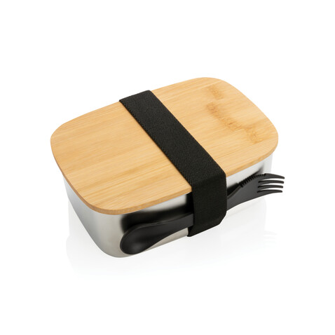 Stainless Steel Lunchbox mit Bambus-Deckel und Göffel silber bedrucken, Art.-Nr. P269.622