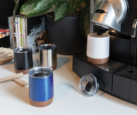 Kleine Vakuum-Kaffeetasse aus RCS rSteel &amp; Kork blau bedrucken, Art.-Nr. P435.055