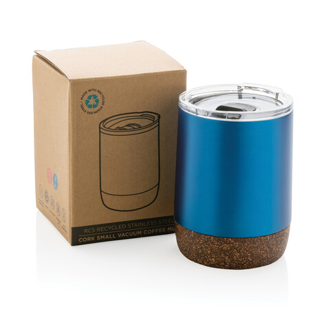 Kleine Vakuum-Kaffeetasse aus RCS rSteel &amp; Kork blau bedrucken, Art.-Nr. P435.055