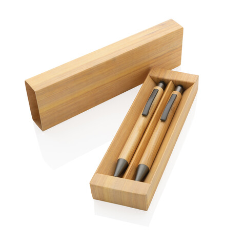 Modernes Bambus-Stifteset in Box braun bedrucken, Art.-Nr. P611.109