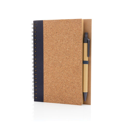 Kork Spiral-Notizbuch mit Stift blau bedrucken, Art.-Nr. P774.275