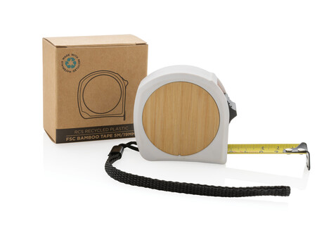 5m/19mm Maßband aus RCS recycelt. Kunststoff &amp; Bambus weiß bedrucken, Art.-Nr. P112.193
