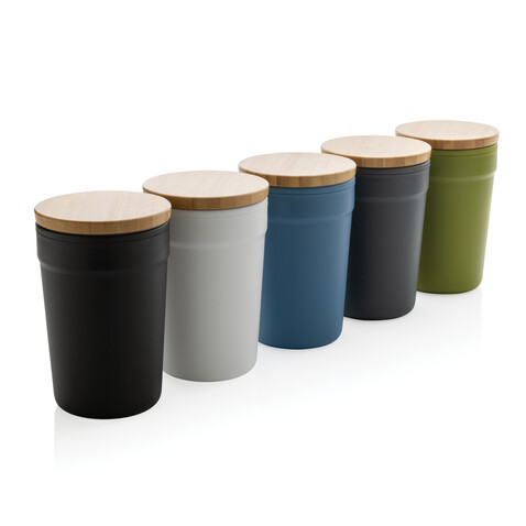 GRS rPP-Becher mit Bambusdeckel blau bedrucken, Art.-Nr. P433.295