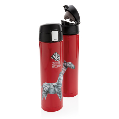 Easy Lock Vakuum-Flasche aus RCS recyceltem Stahl rot bedrucken, Art.-Nr. P435.504