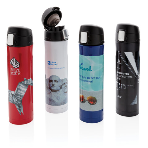 Easy Lock Vakuum-Flasche aus RCS recyceltem Stahl rot bedrucken, Art.-Nr. P435.504