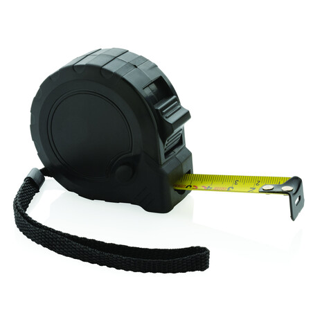 5m/19mm Maßband mit Stop-Taste aus RCS recycelt. Kunststoff schwarz bedrucken, Art.-Nr. P112.131