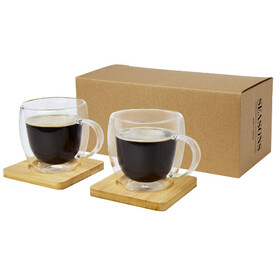 Manti 2-teiliger 250 ml doppelwandiger Glasbecher mit Bambusuntersetzer, transparent, natural bedrucken, Art.-Nr. 11331501