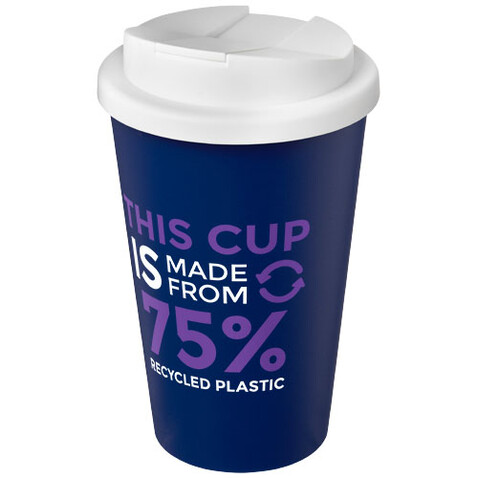 Americano® Eco 350 ml recycelter Becher mit auslaufsicherem Deckel, blau, weiss bedrucken, Art.-Nr. 21042510