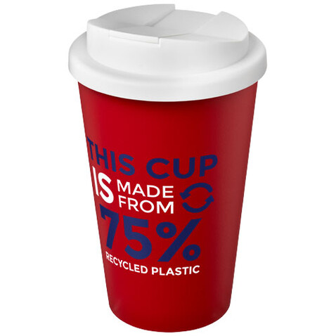 Americano® Eco 350 ml recycelter Becher mit auslaufsicherem Deckel, rot, weiss bedrucken, Art.-Nr. 21042512