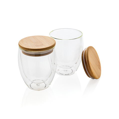 2-tlg Set Borosilikatgläser mit Bambusdeckel 250ml transparent bedrucken, Art.-Nr. P432.140