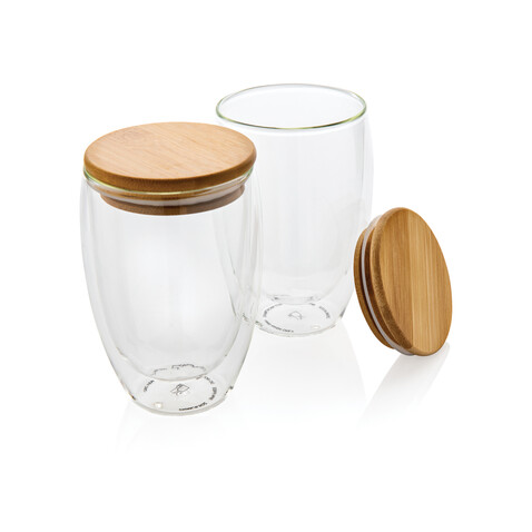 2-tlg Set Borosilikatgläser mit Bambusdeckel 350ml transparent bedrucken, Art.-Nr. P432.270