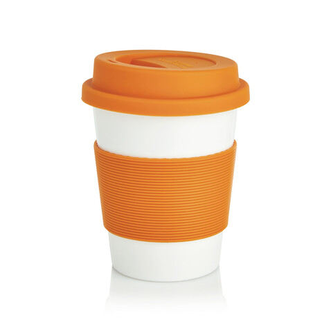 ECO PLA Kaffeebecher orange, weiß bedrucken, Art.-Nr. P432.888