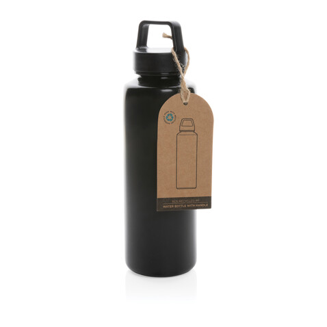 Wasserflasche mit Henkel aus RCS rPP schwarz bedrucken, Art.-Nr. P435.011