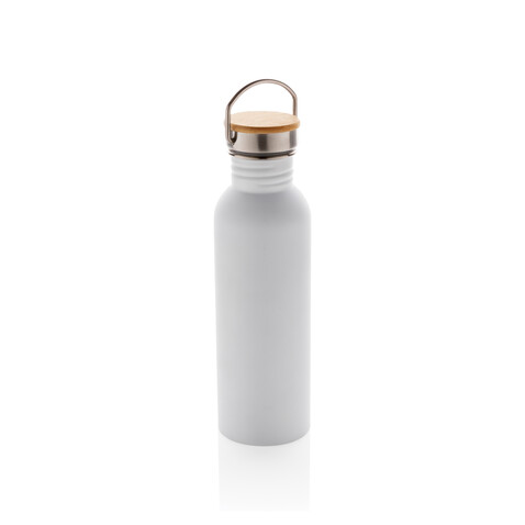 Moderne Stainless-Steel Flasche mit Bambusdeckel weiß bedrucken, Art.-Nr. P436.833