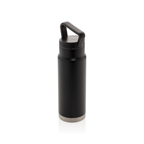 Auslaufsichere Vakuum-Flasche mit Tragegriff schwarz bedrucken, Art.-Nr. P436.921