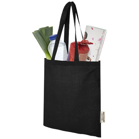 Madras 140 g/m² Baumwoll Tragetasche aus GRS recycelter Baumwolle, 7L, schwarz bedrucken, Art.-Nr. 12069590
