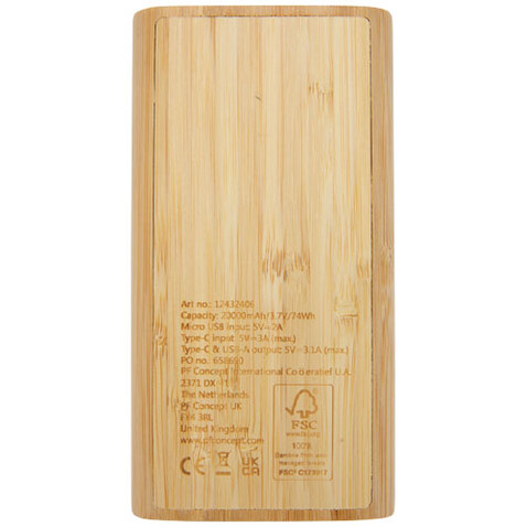 Tulda 20.000 mAh Powerbank aus Bambus, natur bedrucken, Art.-Nr. 12432406