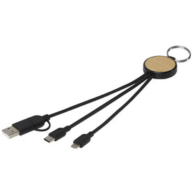 Tecta 6-in-1 Ladekabel mit Schlüsselring aus recyceltem Kunststoff und Bambus, schwarz bedrucken, Art.-Nr. 12432590
