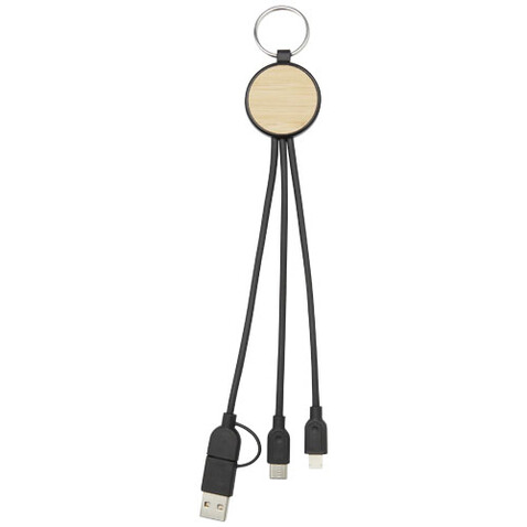 Tecta 6-in-1 Ladekabel mit Schlüsselring aus recyceltem Kunststoff und Bambus, schwarz bedrucken, Art.-Nr. 12432590