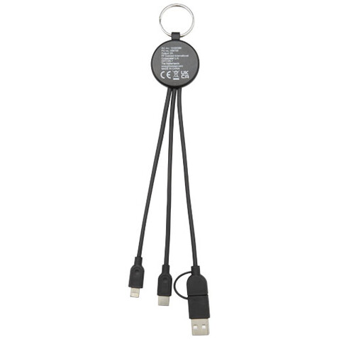 Tecta 6-in-1 Ladekabel mit Schlüsselring aus recyceltem Kunststoff und Bambus, schwarz bedrucken, Art.-Nr. 12432590