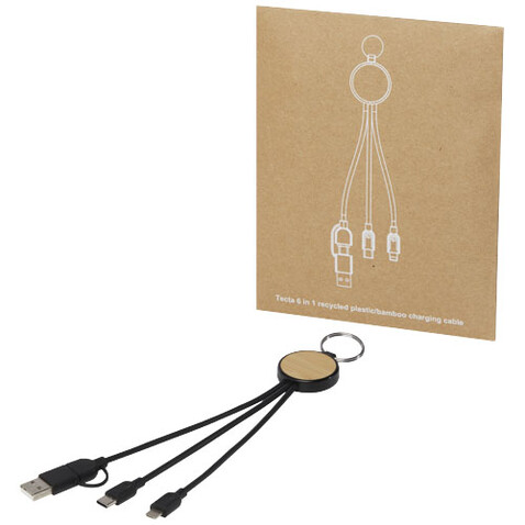 Tecta 6-in-1 Ladekabel mit Schlüsselring aus recyceltem Kunststoff und Bambus, schwarz bedrucken, Art.-Nr. 12432590