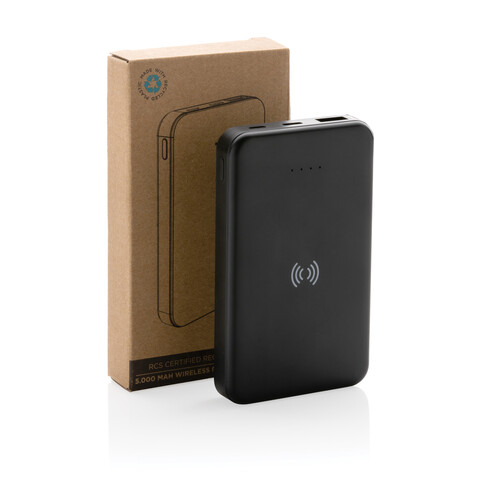 5.000mAh 5W Wireless Powerbank aus RCS recyceltem Kunststoff schwarz bedrucken, Art.-Nr. P322.621