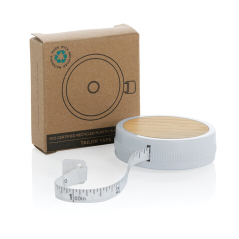 Schneidermaßband aus RCS recyceltem Kunststoff und Bambus weiß, braun bedrucken, Art.-Nr. P110.033