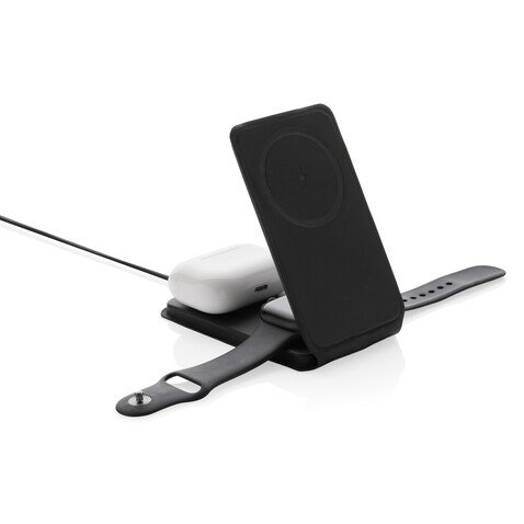 Swiss Peak 15W 3-in-1 magnetischer Wireles Charger aus rPU schwarz bedrucken, Art.-Nr. P308.541