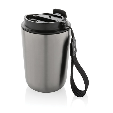 Cuppa Vakuumbecher aus RCS-Stahl mit Umhängeband silber, schwarz bedrucken, Art.-Nr. P435.022