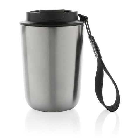 Cuppa Vakuumbecher aus RCS-Stahl mit Umhängeband silber, schwarz bedrucken, Art.-Nr. P435.022