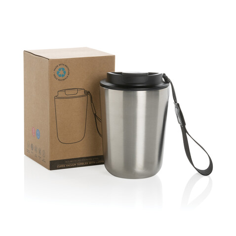 Cuppa Vakuumbecher aus RCS-Stahl mit Umhängeband silber, schwarz bedrucken, Art.-Nr. P435.022