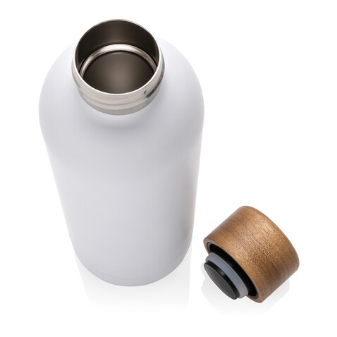 Wood Vakuumflasche aus RCS recyceltem Stainless-Steel weiß bedrucken, Art.-Nr. P435.533
