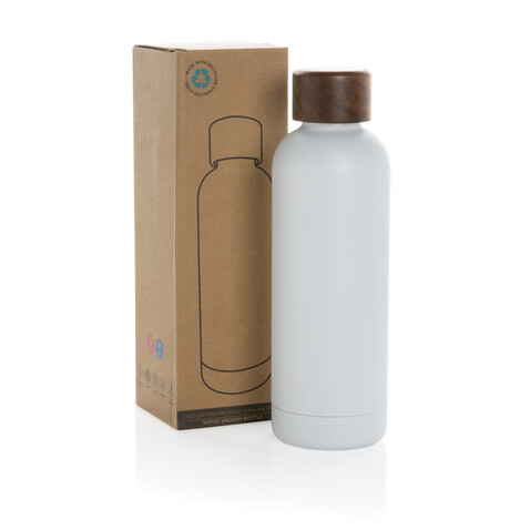 Wood Vakuumflasche aus RCS recyceltem Stainless-Steel weiß bedrucken, Art.-Nr. P435.533