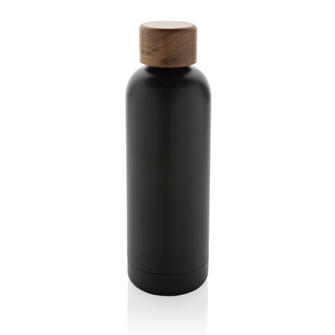 Wood Vakuumflasche aus RCS recyceltem Stainless-Steel schwarz bedrucken, Art.-Nr. P435.531