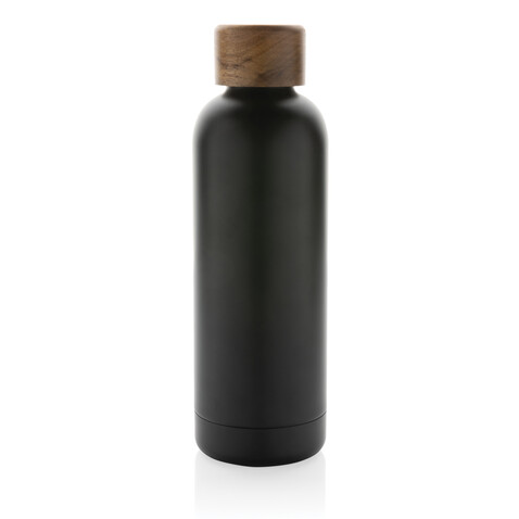 Wood Vakuumflasche aus RCS recyceltem Stainless-Steel schwarz bedrucken, Art.-Nr. P435.531