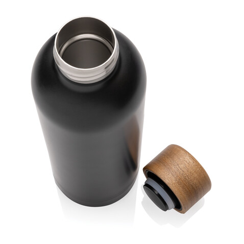 Wood Vakuumflasche aus RCS recyceltem Stainless-Steel schwarz bedrucken, Art.-Nr. P435.531