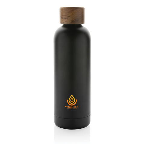 Wood Vakuumflasche aus RCS recyceltem Stainless-Steel schwarz bedrucken, Art.-Nr. P435.531