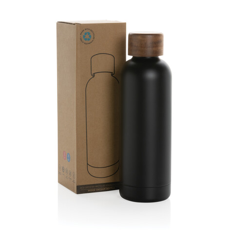 Wood Vakuumflasche aus RCS recyceltem Stainless-Steel schwarz bedrucken, Art.-Nr. P435.531