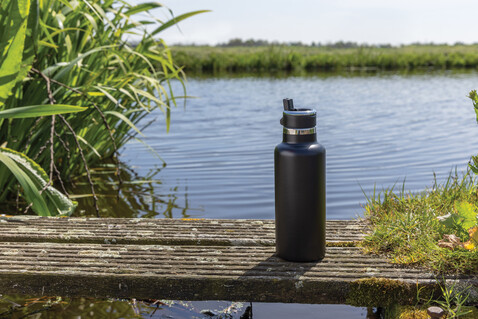 Hydro Vakuumflasche aus RCS recycel. Stainless-Steel schwarz bedrucken, Art.-Nr. P435.551